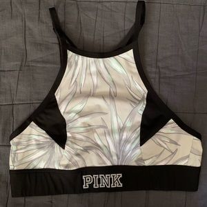 PINK Victoria’s Secret grey palm print unlined Ultimate high neck sports bra